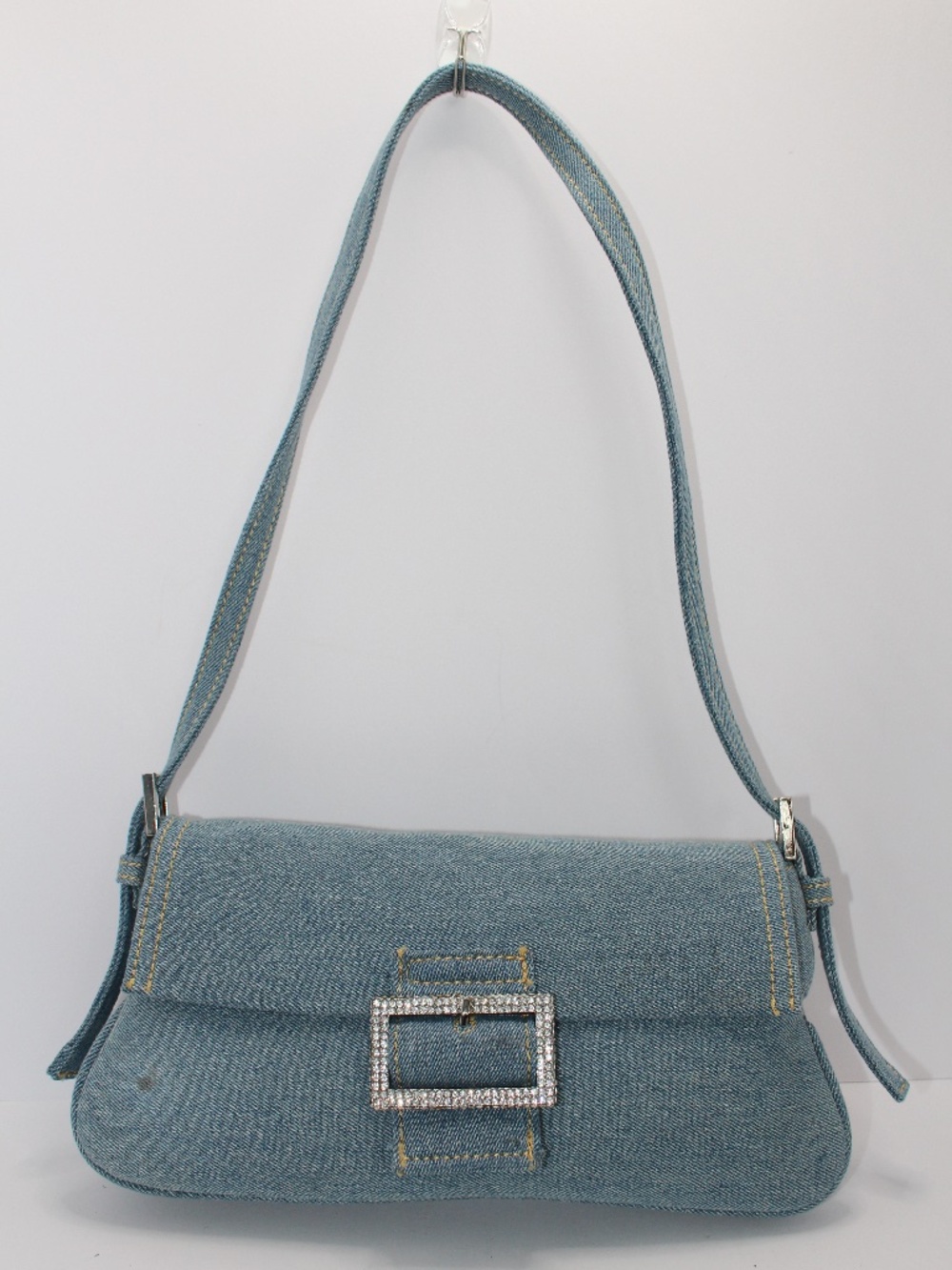 Vintage MNG Mango Y2K Denim Rhinestone Buckle Baguette Shoulder Bag